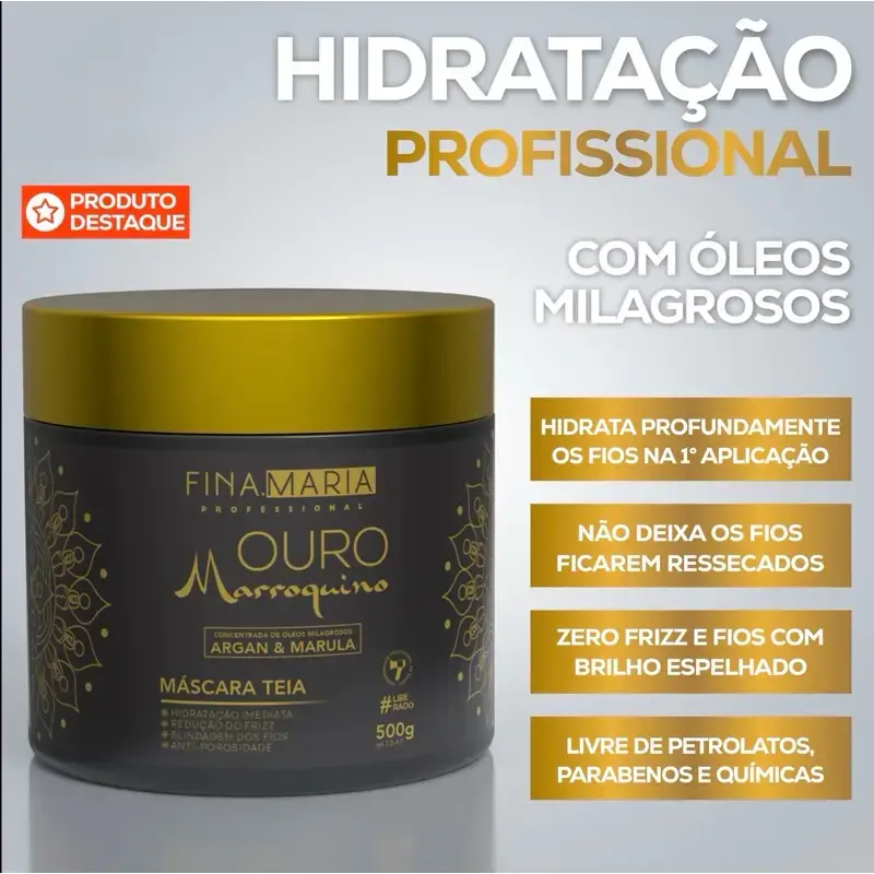 Máscara Teia Ouro Marroquino 500g, hidratação profissional com óleos de argan e marula