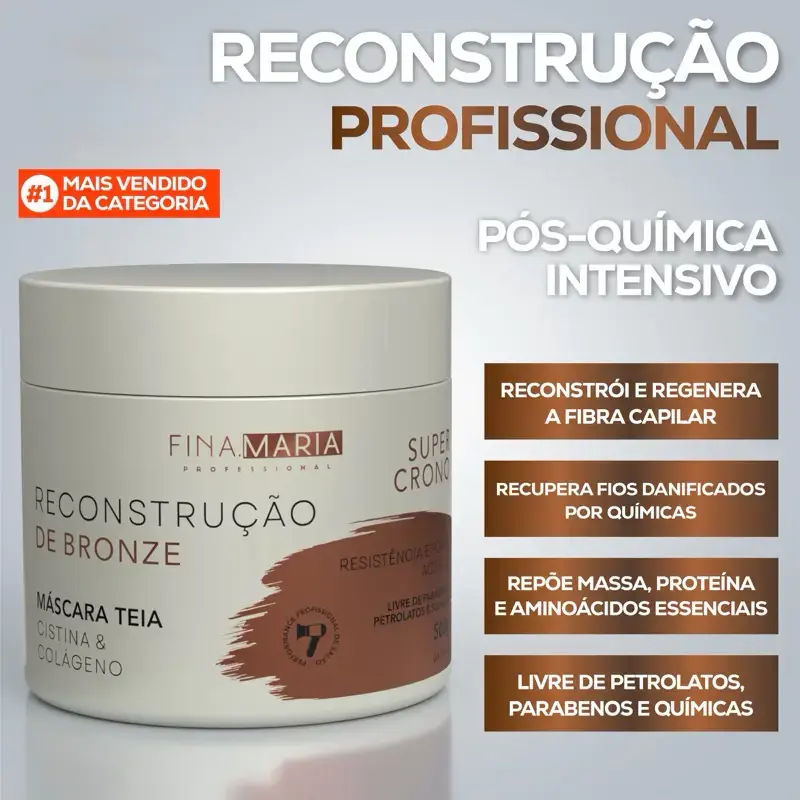 Máscara Teia Reconstrução de Bronze 500g, reconstrução profissional pós-química