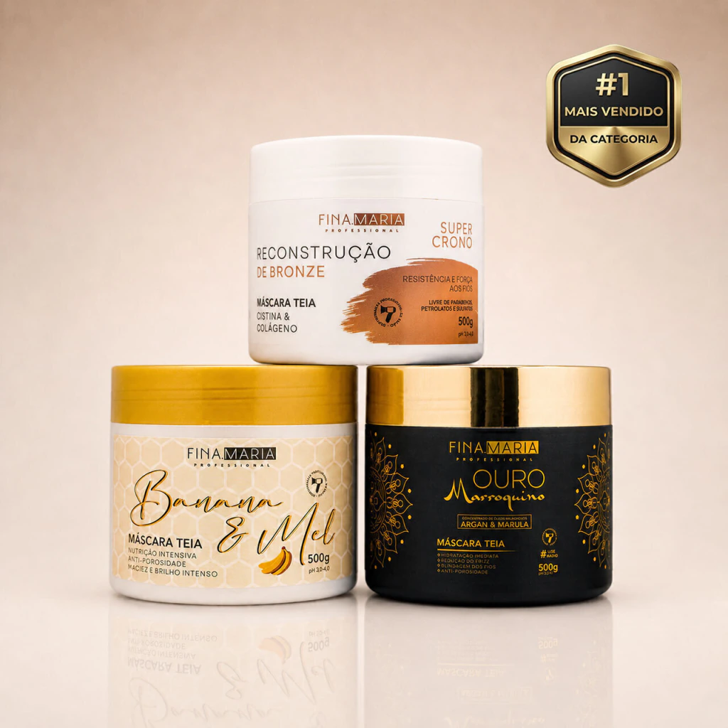 Kit Cronograma Capilar Fina Maria: Reconstrução de Bronze, Banana & Mel e Ouro Marroquino